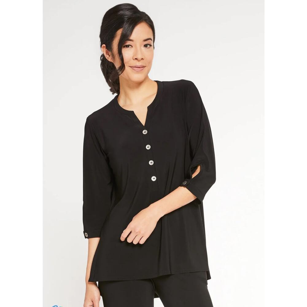 Sympli Tunic Top Blouse Metal Buttons Liquid Knit Black 4 Minimalist Lagenlook